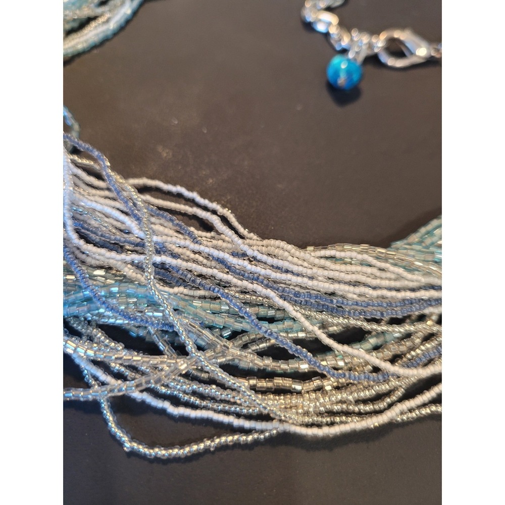 Blue White Silver Multi Strand Seed Bead Necklace with Heart Charm Extender 23" - Picture 4 of 8